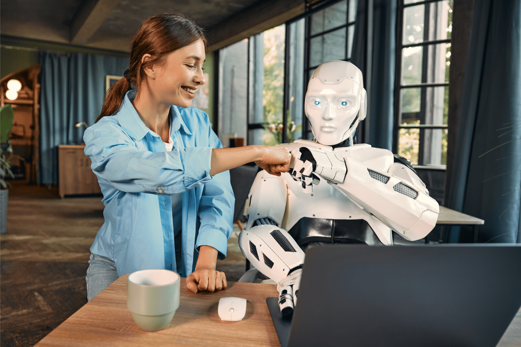 Mensch und Roboter im partnerschaftlichen Austausch – KI als Teamkollege.